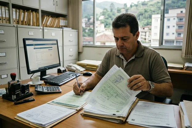 Despachante revisando documentos para licenciamento de veículo em Nova Friburgo.